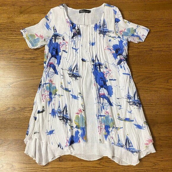 ⛵️ Nautical Sailboat Print White Gauze Tunic - Picture 2 of 11